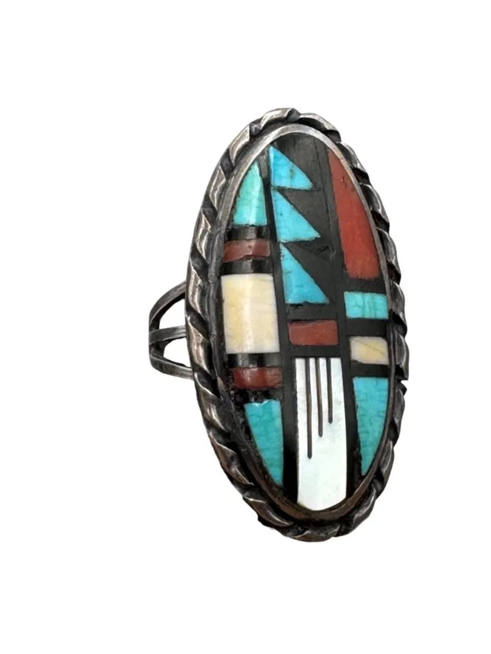 Zuni Sterling Silver Inlay Ring Signed J.R.B. Size 6.75 Bowannie Vintage 1970s - Picture 3 of 14